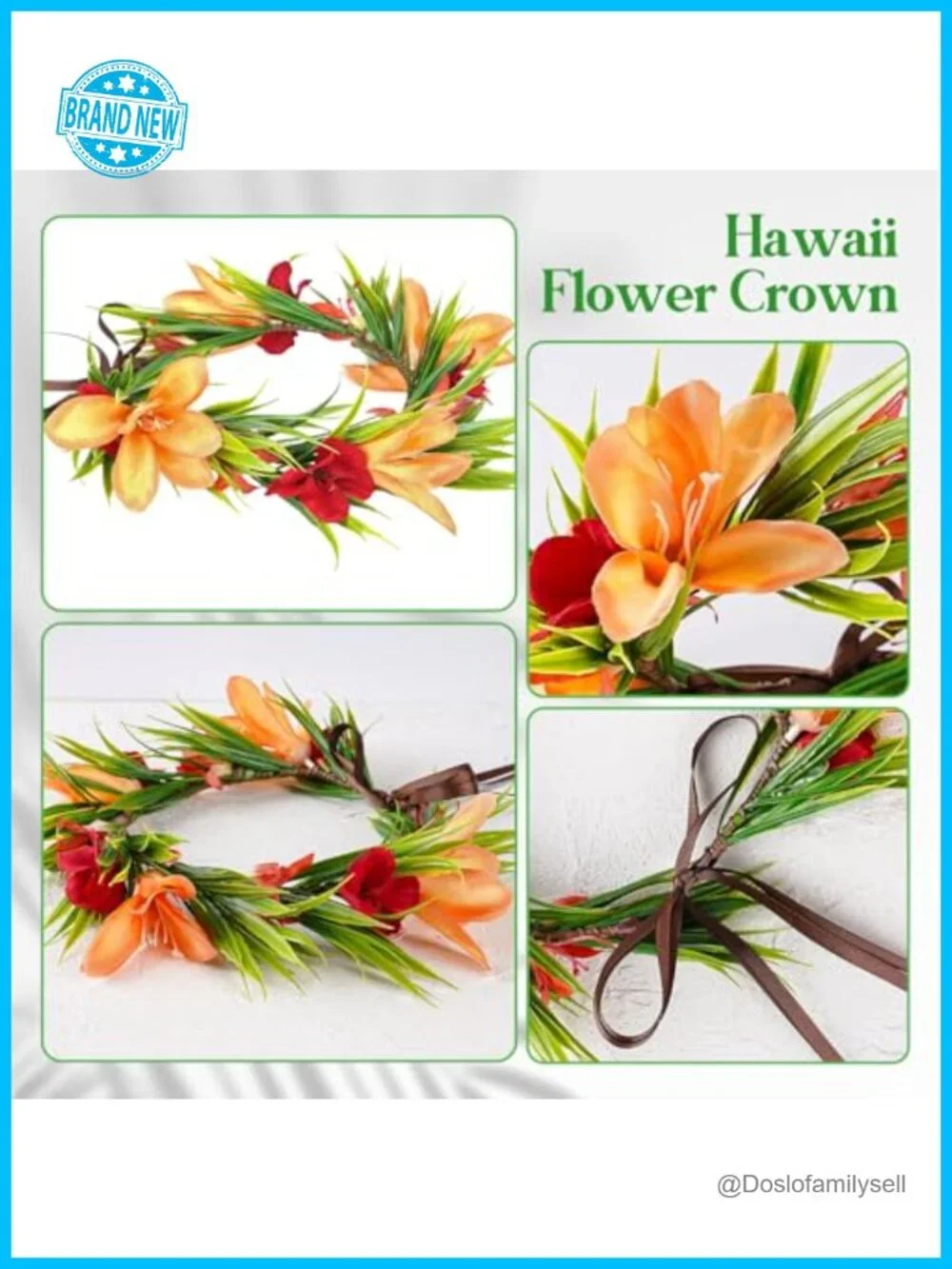 Tropical Hawaiian Flower Crown Adjustable Ribbon Lei Headband Luau Party Hair